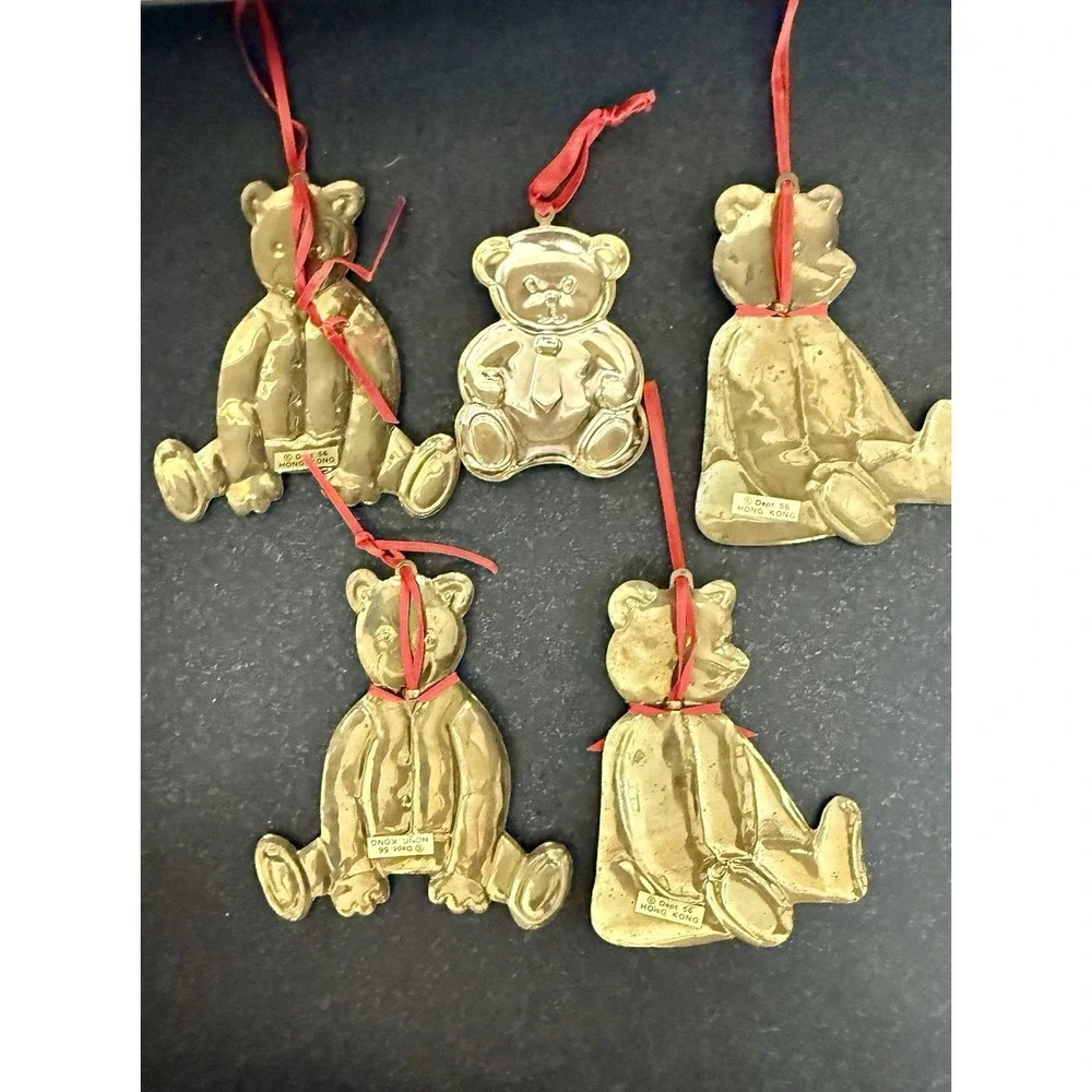 Lot Of 5 Vintage Department 56 Brass Teddy Bear Christmas Ornament Hanger 1984